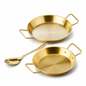Stainless Steel Golden Serving Tray Round Spanish Seafood Cooking Pan with Two Handles Wok - KOREAN