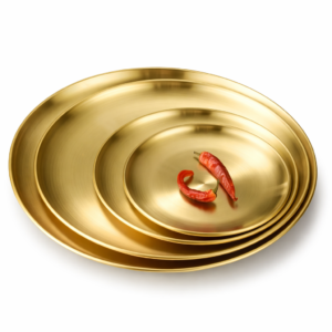 Stainless Steel Gold Plated Serving Tray Metal Platter Reusable Dishwasher Safe Dinner Plates Round Dinner Dishes Decorative Storage Tray - KOREAN