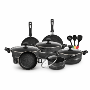 Chef Best Aluminum Non Stick Kitchen Set 15 Pcs New Arrival Cookware Set - Marble Coating Rebirth Black