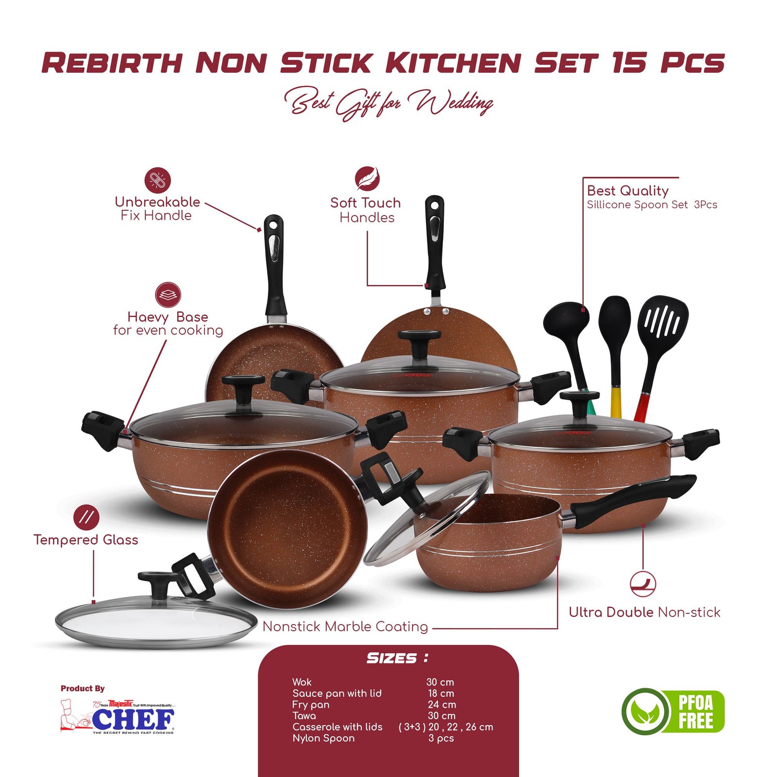 Chef Best Aluminum Non Stick Kitchen Set 15 Pcs New Arrival Cookware Set - Copper Rebirth - Image 3
