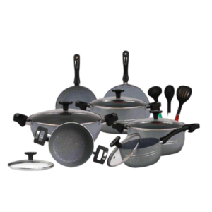 Chef Best Aluminum Non Stick Kitchen Set 15 Pcs New Arrival Cookware Set - Marble Coating Rebirth Grey